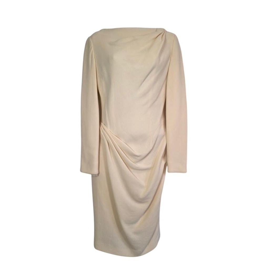 Douglas Hannant Womens 6 Sheath Dress Cream Draped Long Sleeve Boat Neck Elegant
